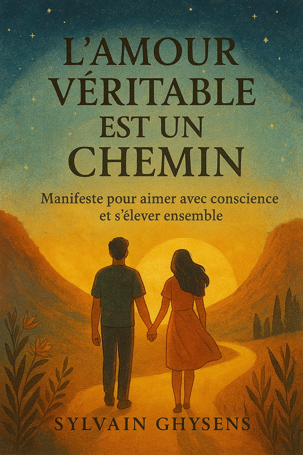 Couverture du livre L’amour véritable est un chemin, représentant un couple avançant ensemble au coucher du soleil